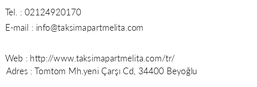 Taksim Apart Melita telefon numaralar, faks, e-mail, posta adresi ve iletiim bilgileri